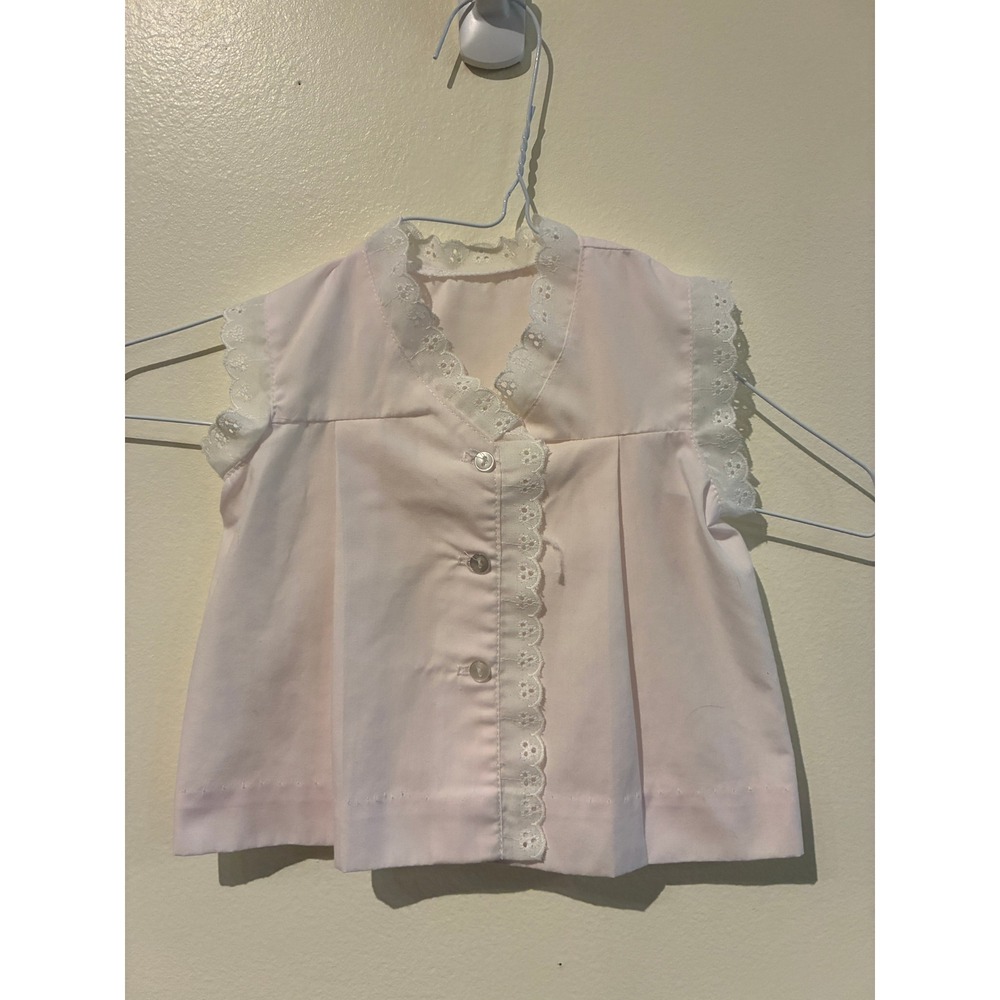 Vintage Baby Girl Pink Eyelet Lace Trim Pleated Button Front Sleeveless Top